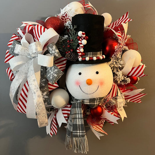 Snowman Front Door Winter Wreath, Snowman Home Decor|, Snowman Gift, Christmas Gift, Snowman Winter Wreath, Red and White Christmas