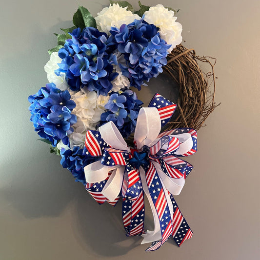 Patriotic Hydrangea Grapevine, Hydrangea Grapevine, Patriotic Wreath, Patriotic Front Door Decor, Housewarming Gift, Patriotic Wreath