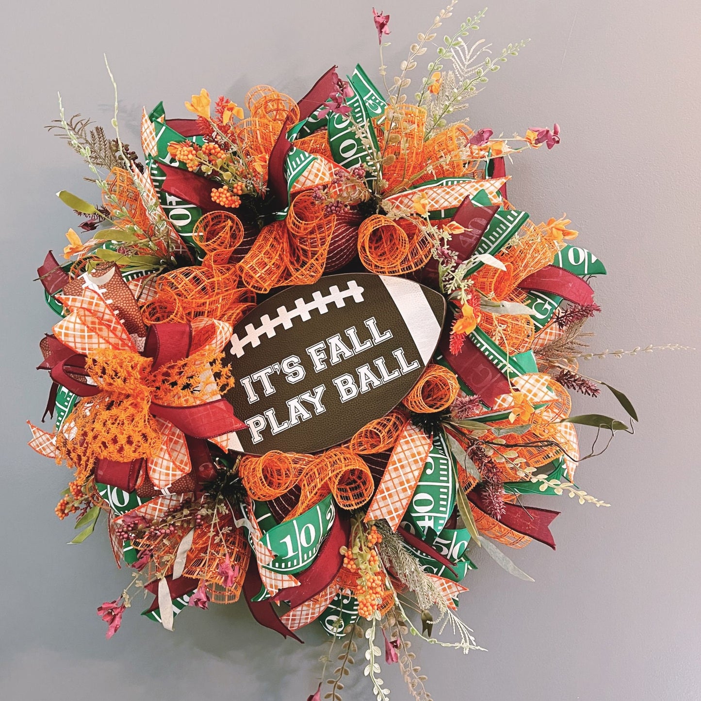 Burgundy and Orange Fall Football Wreath, Fall Football Front Porch, Maroon and Orange Football Wreath, Football Front Porch