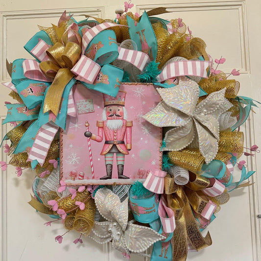 Pink Christmas Nutcracker Wreath, Pink Christmas Nutcracker, Pink Nutcracker Wreath, Pink Christmas Front Door Decor