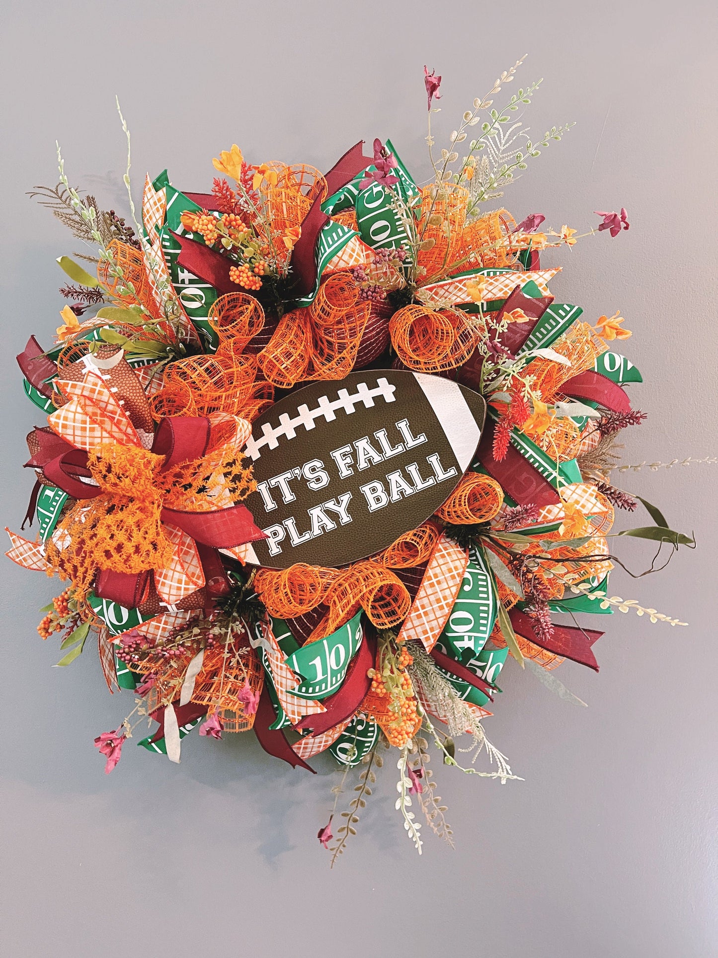 Burgundy and Orange Fall Football Wreath, Fall Football Front Porch, Maroon and Orange Football Wreath, Football Front Porch